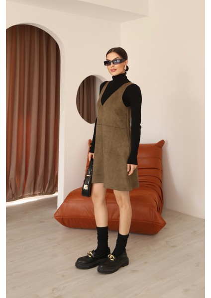 Haki Süet V Yaka Diz Üstü Panel Detaylı Kadın Elbise fırsatları