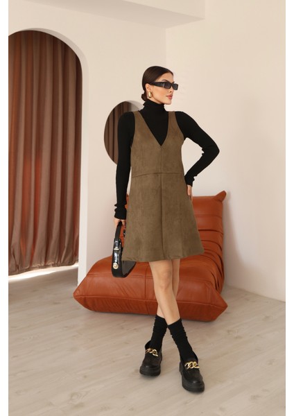 Haki Süet V Yaka Diz Üstü Panel Detaylı Kadın Elbise indirimleri