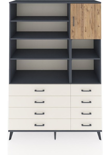 Hyperion Dolap 8 Raflı 8 Çekmeceli Tek Kapaklı 132X44X195 Antrasit-Çam/aytaşı