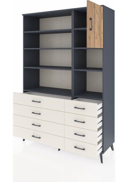 Hyperion Dolap 8 Raflı 8 Çekmeceli Tek Kapaklı 132X44X195 Antrasit-Çam/aytaşı modelleri