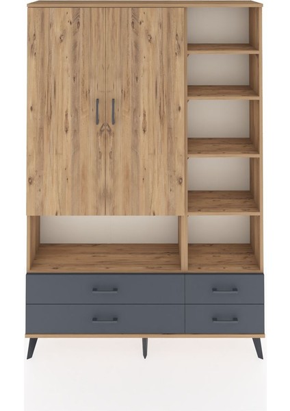 Arges Dolap 10 Raflı 4 Çekmeceli 2 Kapaklı 132X30X195 Çam-Çam/antrasit