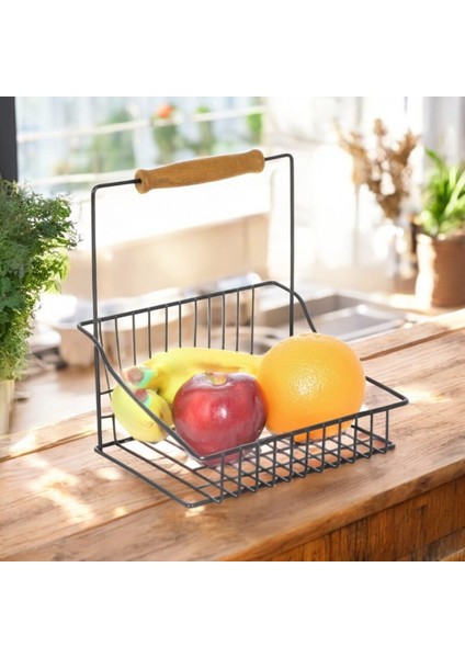 Ferforje Tek Sepet, Ahşap Kulplu Mutfak Salon Ofis Düzenleyici Sepet Organizer Siyah, 20X20 cm