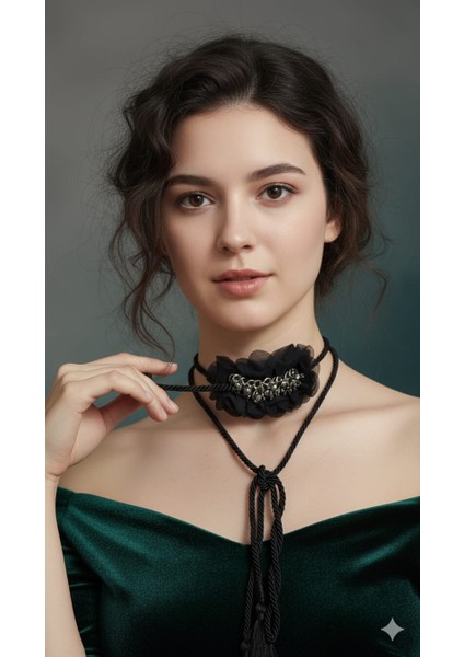 Siyah Şifon Zincir ve Taş Detaylı Ipli Şal Kolye – Kadın Choker Aksesuar