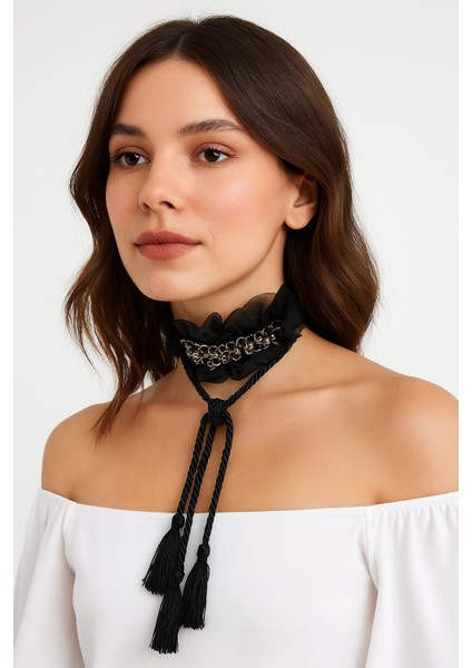 Siyah Şifon Zincir ve Taş Detaylı Ipli Şal Kolye – Kadın Choker Aksesuar modelleri
