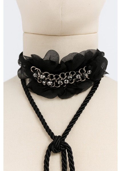 Siyah Şifon Zincir ve Taş Detaylı Ipli Şal Kolye – Kadın Choker Aksesuar fırsatları