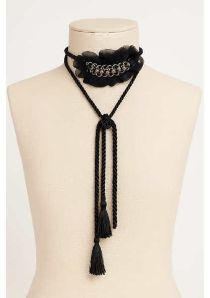 Siyah Şifon Zincir ve Taş Detaylı Ipli Şal Kolye – Kadın Choker Aksesuar indirimleri