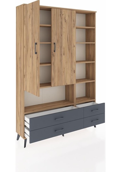 Arges Dolap 10 Raflı 4 Çekmeceli 2 Kapaklı 132X30X195 Çam-Çam/antrasit indirimleri
