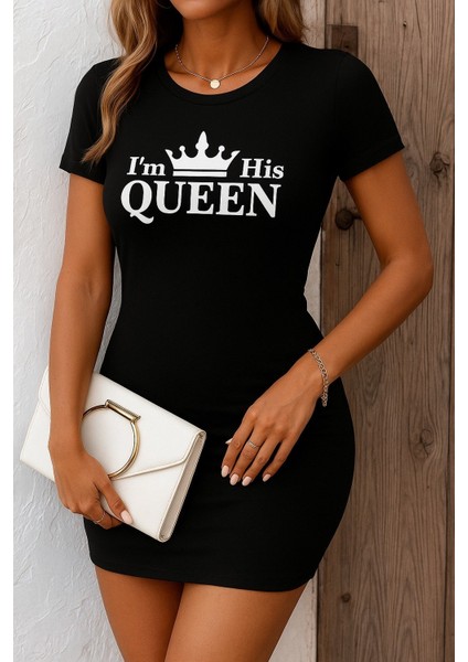 Kadın Kısa Kollu Queen Baskı Iki Iplik Mini Elbise