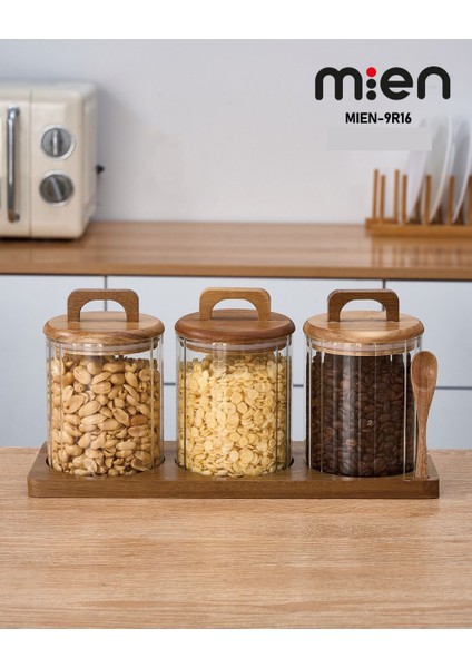 Akasya Ahşap Standlı 3’lü Çizgili Cam Baharatlık Seti – Yuvarlak – 750 ml fiyatları