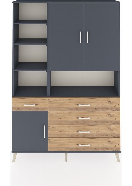 Arges Dolap 8 Raflı 5 Çekmeceli 3 Kapaklı 132X30X195 Antrasit-Antrasit/çam