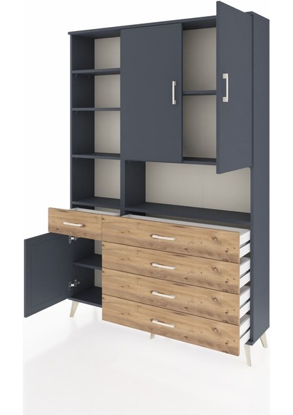 Arges Dolap 8 Raflı 5 Çekmeceli 3 Kapaklı 132X30X195 Antrasit-Antrasit/çam modelleri