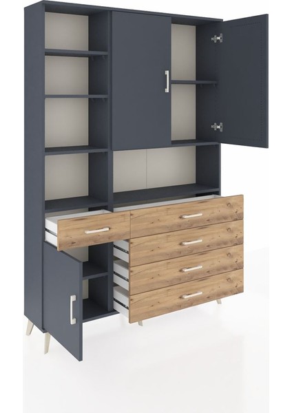 Arges Dolap 8 Raflı 5 Çekmeceli 3 Kapaklı 132X30X195 Antrasit-Antrasit/çam indirimleri