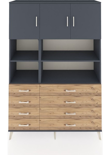 Hyperion Dolap 8 Raflı 8 Çekmeceli 3 Kapaklı 132X44X195 Antrasit-Antrasit/çam