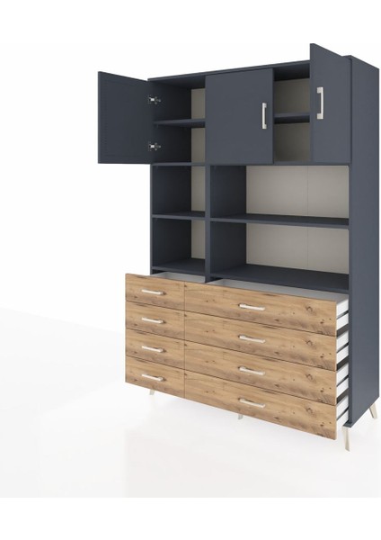 Hyperion Dolap 8 Raflı 8 Çekmeceli 3 Kapaklı 132X44X195 Antrasit-Antrasit/çam modelleri