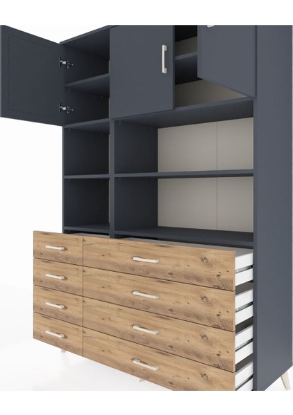 Hyperion Dolap 8 Raflı 8 Çekmeceli 3 Kapaklı 132X44X195 Antrasit-Antrasit/çam fırsatları