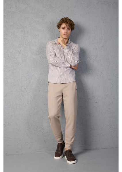 Çizgili Pamuk Likralı Slim Fit Erkek Gömlek