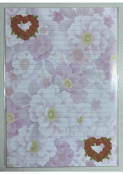 Desenli Mektup Kağıdı Çiçek Kalpli Desenli 15Lİ Paket+ 15 Mektup Zarfı