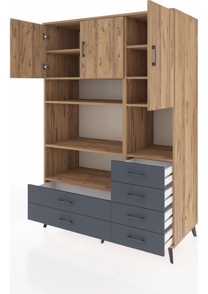 Kronos Dolap 9 Raflı 6 Çekmeceli 3 Kapaklı 132X59X195 Çam-Çam/antrasit modelleri