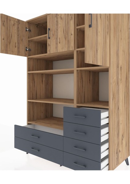 Kronos Dolap 9 Raflı 6 Çekmeceli 3 Kapaklı 132X59X195 Çam-Çam/antrasit fırsatları