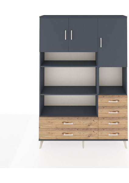Arges Dolap 9 Raflı 6 Çekmeceli 3 Kapaklı 132X30X195 Antrasit-Antrasit/çam