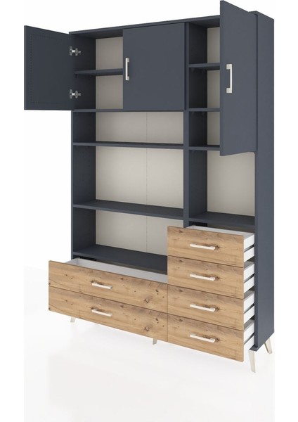 Arges Dolap 9 Raflı 6 Çekmeceli 3 Kapaklı 132X30X195 Antrasit-Antrasit/çam modelleri