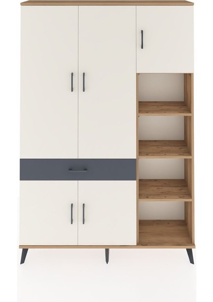 Arges Dolap 10 Raflı Tek Çekmeceli 5 Kapaklı 132X30X195 Çam-Aytaşı/antrasit