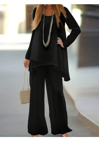 Kadın Uzun Kollu Asimetrik Detaylı Salaş Sandy Bluz ve Pantolon Ikili Takım indirimleri