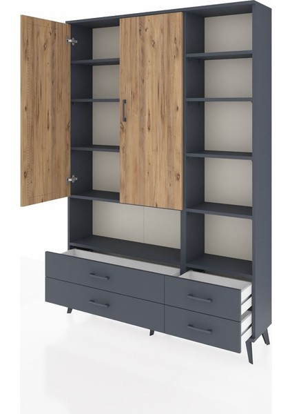 Arges Dolap 10 Raflı 4 Çekmeceli 2 Kapaklı 132X30X195 Antrasit-Çam/antrasit modelleri