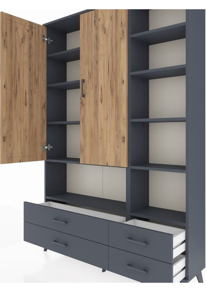 Arges Dolap 10 Raflı 4 Çekmeceli 2 Kapaklı 132X30X195 Antrasit-Çam/antrasit fırsatları