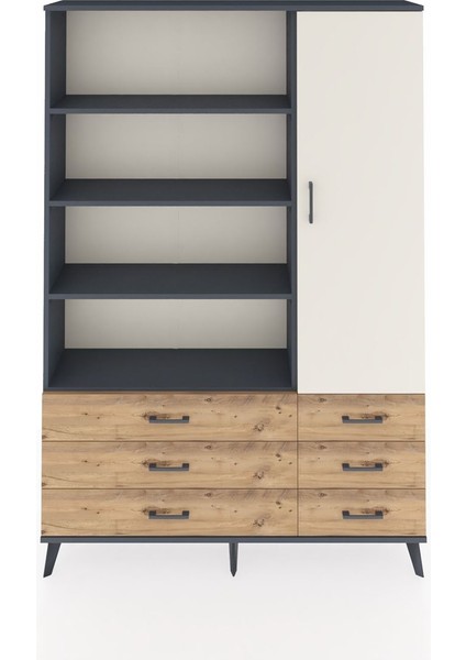 Arges Dolap 8 Raflı 6 Çekmeceli Tek Kapaklı 132X30X195 Antrasit-Aytaşı/çam