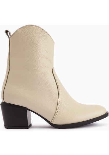 Ubax Hakiki Deri Bej Topuklu Kadın Bot
