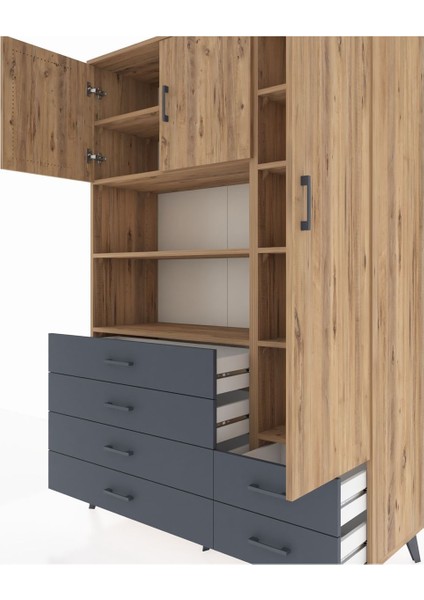 Hyperion Dolap 9 Raflı 6 Çekmeceli 3 Kapaklı 132X44X195 Çam-Çam/antrasit fırsatları