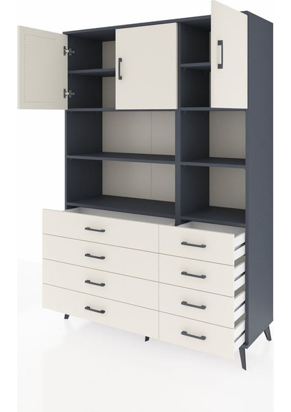 Hyperion Dolap 8 Raflı 8 Çekmeceli 3 Kapaklı 132X44X195 Antrasit-Aytaşı/aytaşı modelleri