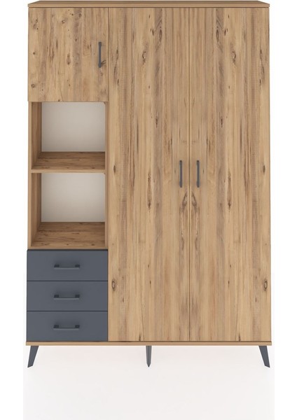 Arges Dolap 6 Raflı 3 Çekmeceli Tek Askılı 132X30X195 Çam-Çam/antrasit