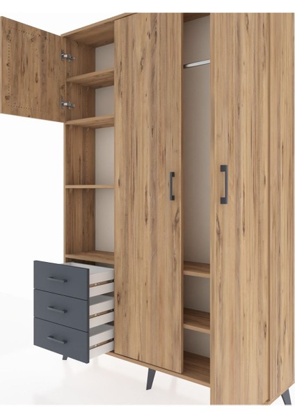 Arges Dolap 6 Raflı 3 Çekmeceli Tek Askılı 132X30X195 Çam-Çam/antrasit fırsatları