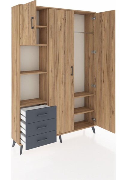 Arges Dolap 6 Raflı 3 Çekmeceli Tek Askılı 132X30X195 Çam-Çam/antrasit indirimleri
