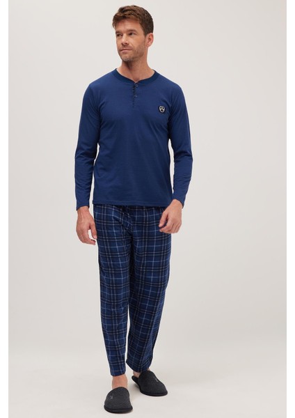 Erkek Regular Fit Pamuklu Düğmeli Yaka Beli Lastikli Desenli Indigo Pijama Takımı