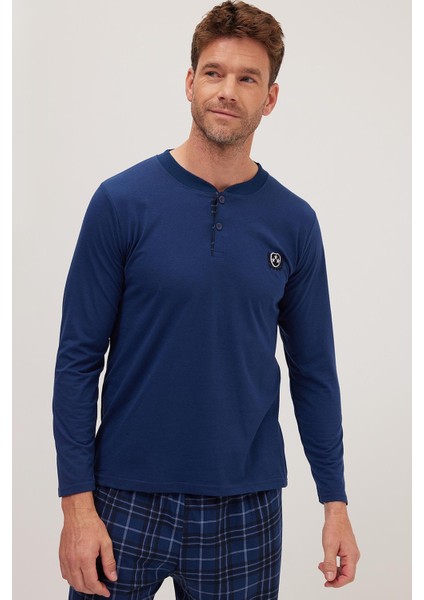 Erkek Regular Fit Pamuklu Düğmeli Yaka Beli Lastikli Desenli Indigo Pijama Takımı fiyatları