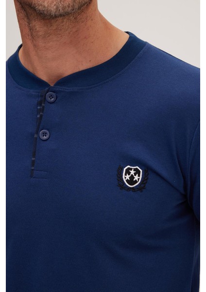 Erkek Regular Fit Pamuklu Düğmeli Yaka Beli Lastikli Desenli Indigo Pijama Takımı modelleri