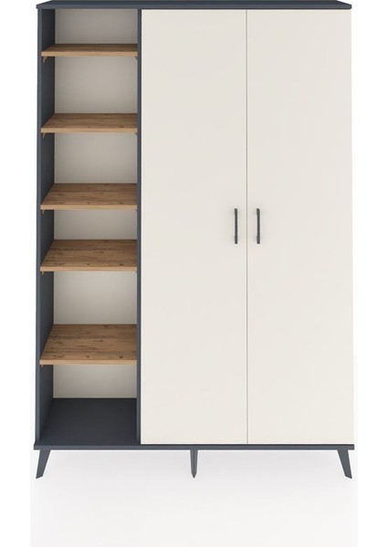 Arges Dolap 7 Raflı 2 Kapaklı Tek Askılı 132X30X195 Antrasit-Aytaşı/çam