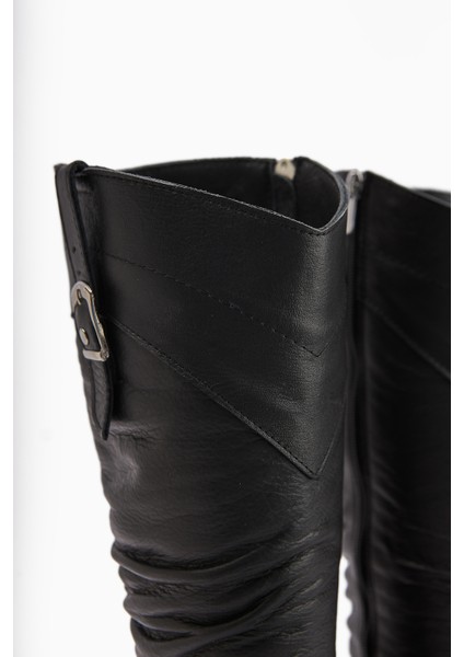 Ting Hakiki Deri Siyah Toka Detaylı Kadın Topuklu Çizme indirimleri