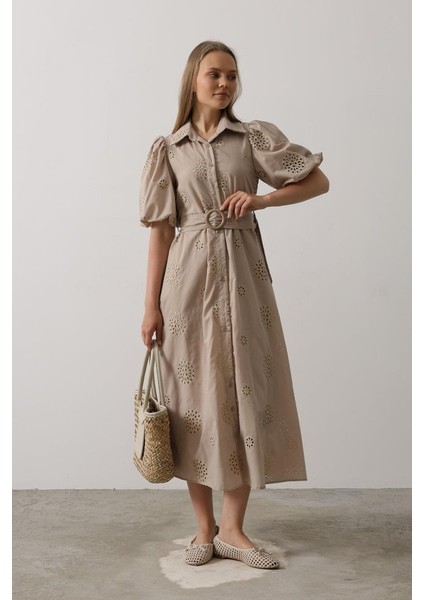 Balon Kol Kemerli Brode Elbise - Taş