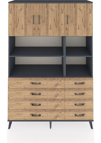 Hyperion Dolap 8 Raflı 8 Çekmeceli 3 Kapaklı 132X44X195 Antrasit-Çam/çam