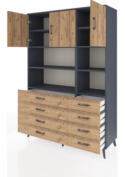 Hyperion Dolap 8 Raflı 8 Çekmeceli 3 Kapaklı 132X44X195 Antrasit-Çam/çam modelleri
