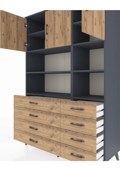 Hyperion Dolap 8 Raflı 8 Çekmeceli 3 Kapaklı 132X44X195 Antrasit-Çam/çam fırsatları