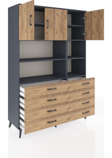 Hyperion Dolap 8 Raflı 8 Çekmeceli 3 Kapaklı 132X44X195 Antrasit-Çam/çam indirimleri