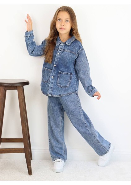 Kız Çocuk Mavi Kot Ceketli Pantolonlu Jean Kışlık Takım