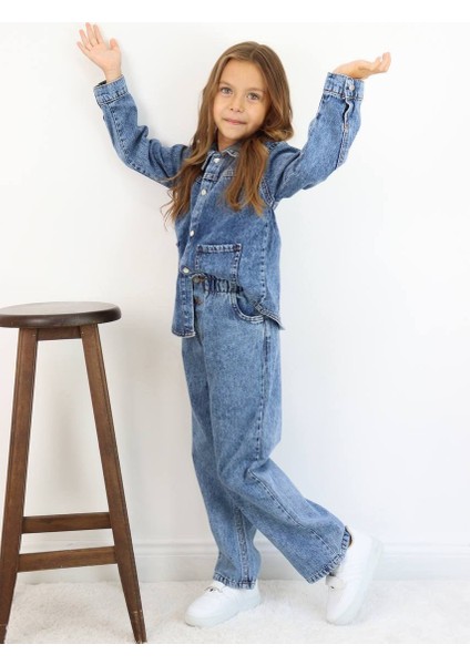 Kız Çocuk Mavi Kot Ceketli Pantolonlu Jean Kışlık Takım modelleri