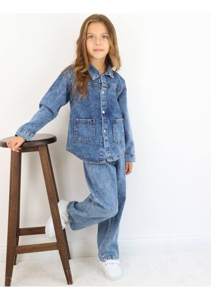 Kız Çocuk Mavi Kot Ceketli Pantolonlu Jean Kışlık Takım indirimleri