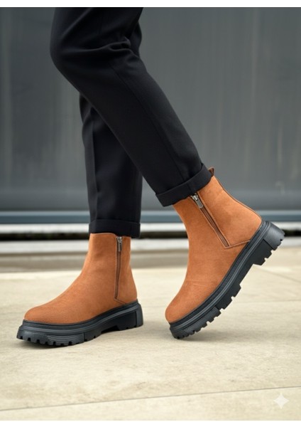 BA0777 Süet Taba Siyah Taban Çift Fermuarlı Erkek Yarım Bilek Bot